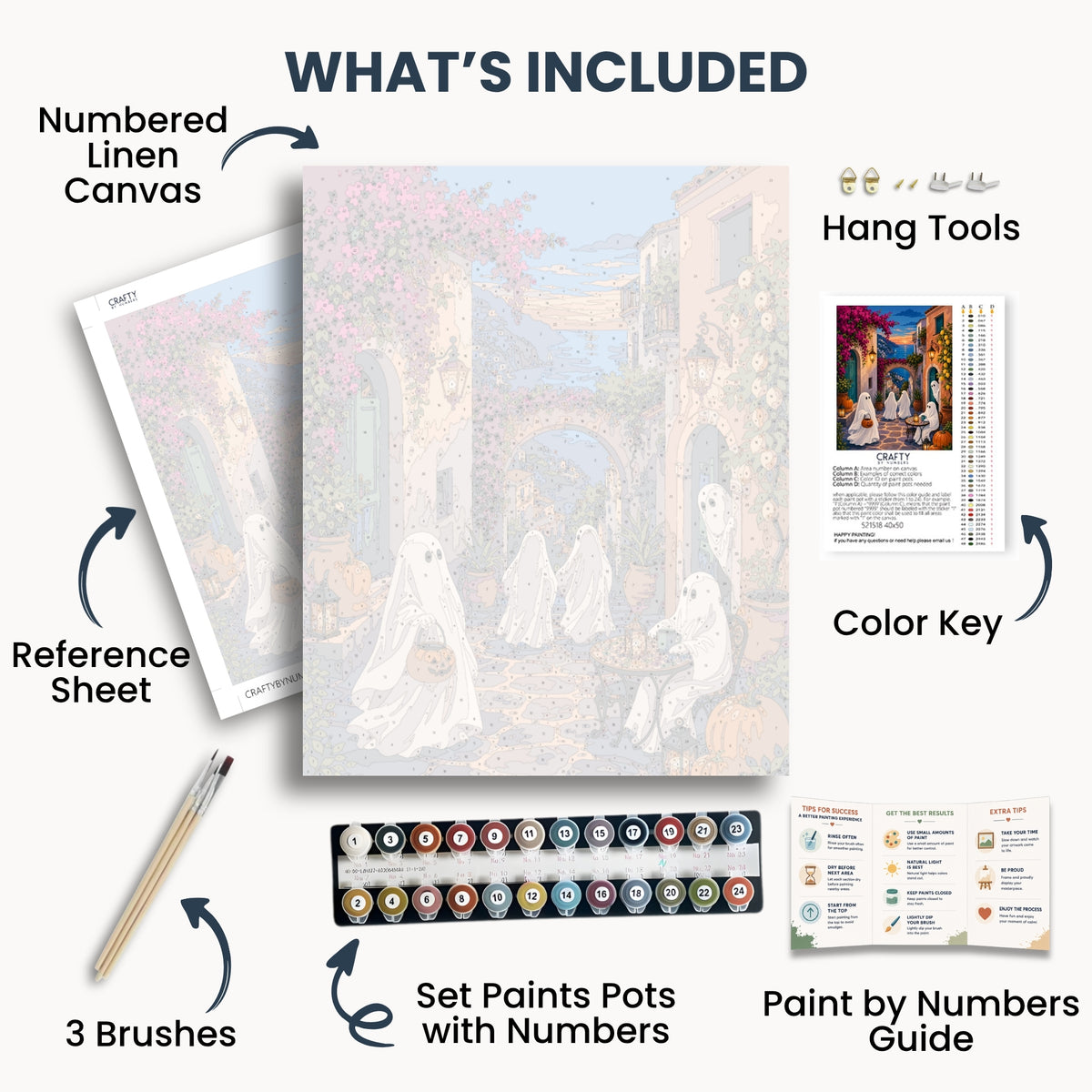 Amalfi Ghosts kit contents with numbered canvas, paints, brushes and guide