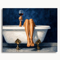 A painting of a person sitting in a white clawfoot bathtub, holding a glass of red wine, with bare legs dangling over the edge against a dark blue textured background.