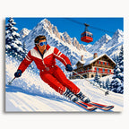 Alpine Skiing: a skier in a red suit descending a snowy slope near an alpine chalet and cable car.