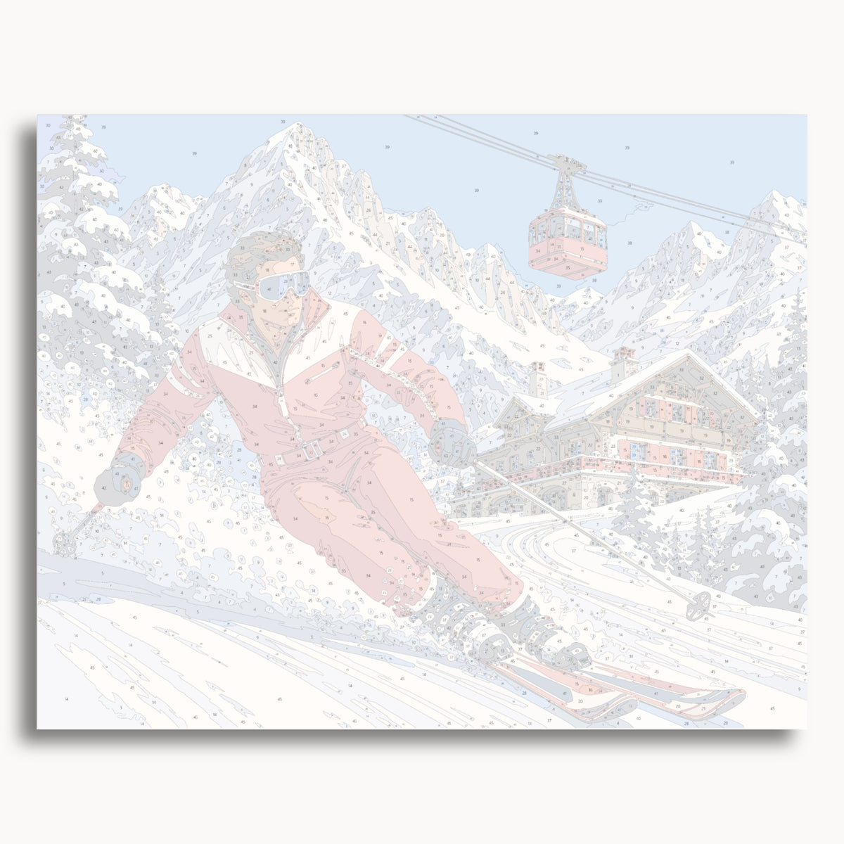 Numbered canvas preview for Alpine Skiing, showing outlined painting sections and color numbers.
