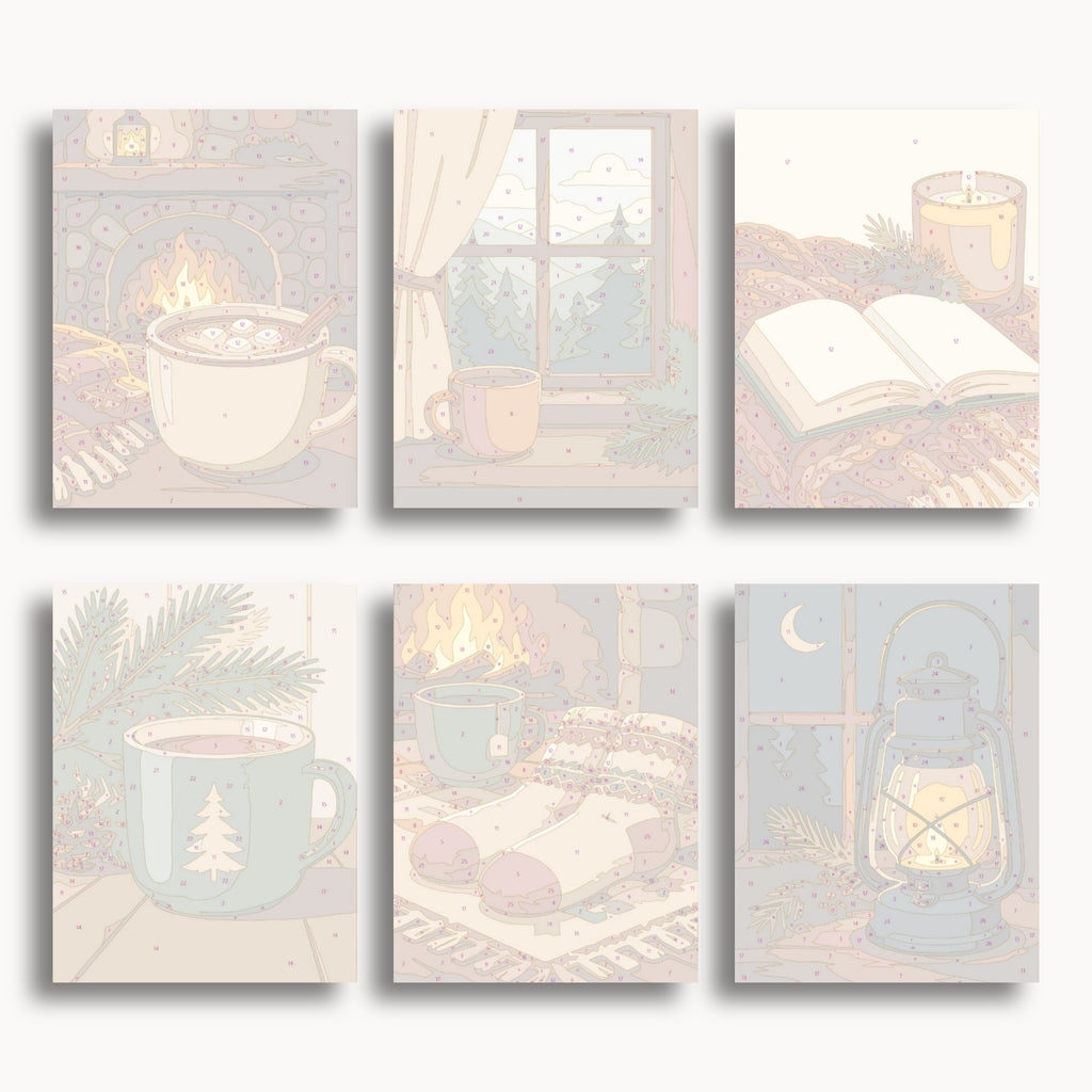 Numbered mini canvas previews for the Cozy Cabin set