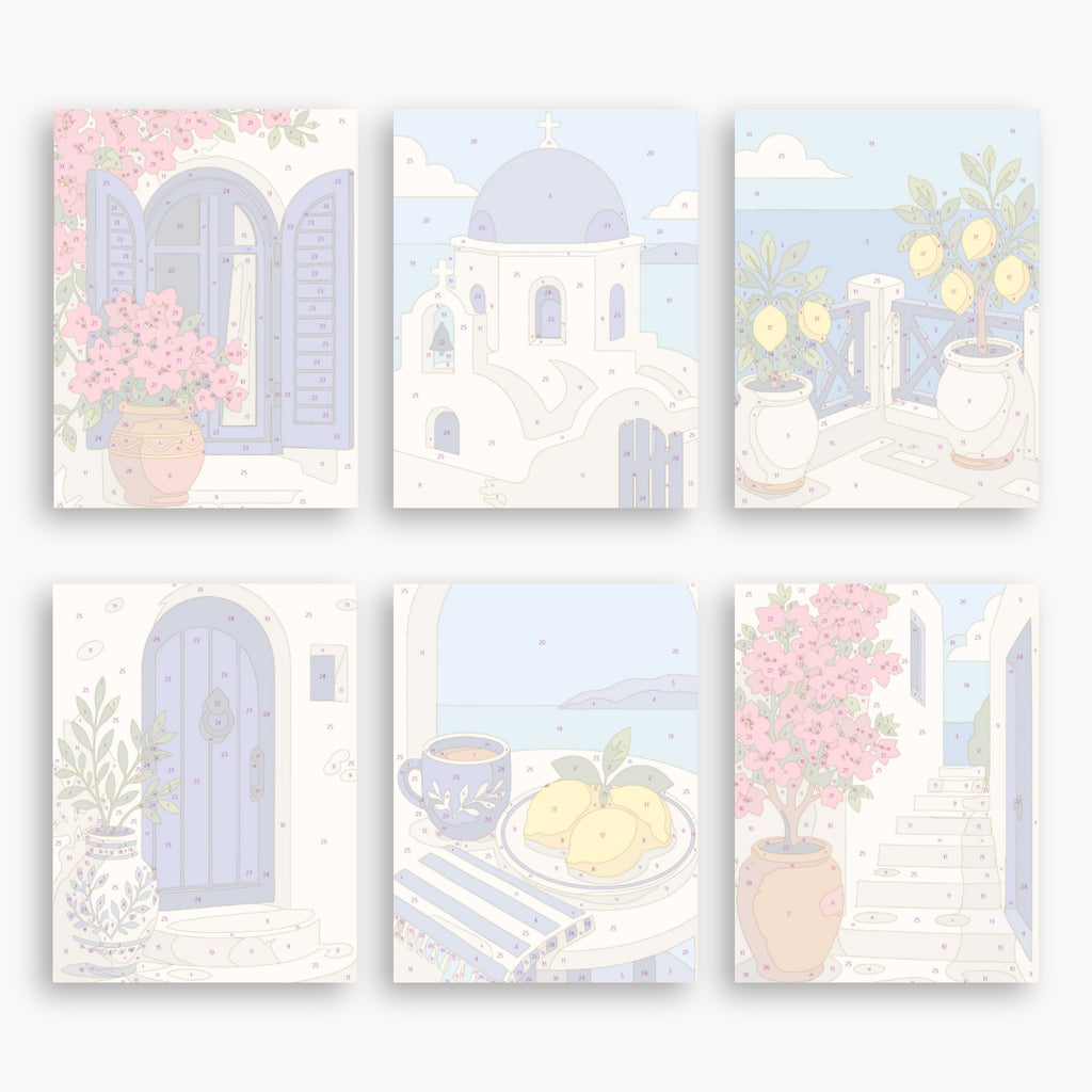 Numbered mini canvas previews for the Santorini Escape set