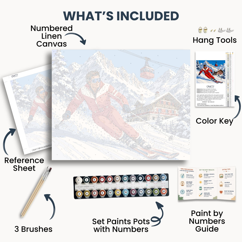 Alpine Skiing kit contents: numbered canvas, paints, three brushes, reference sheet, color key, painting guide and hanging hardware.
