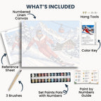Alpine Skiing kit contents: numbered canvas, paints, three brushes, reference sheet, color key, painting guide and hanging hardware.