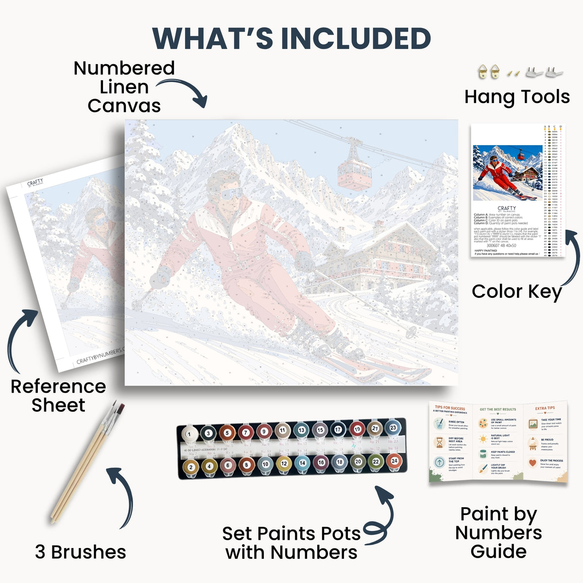 Alpine Skiing kit contents: numbered canvas, paints, three brushes, reference sheet, color key, painting guide and hanging hardware.