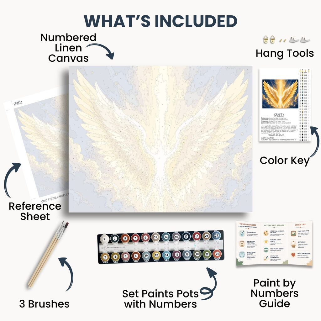 Golden Wings kit contents with numbered canvas, paints, brushes and guide