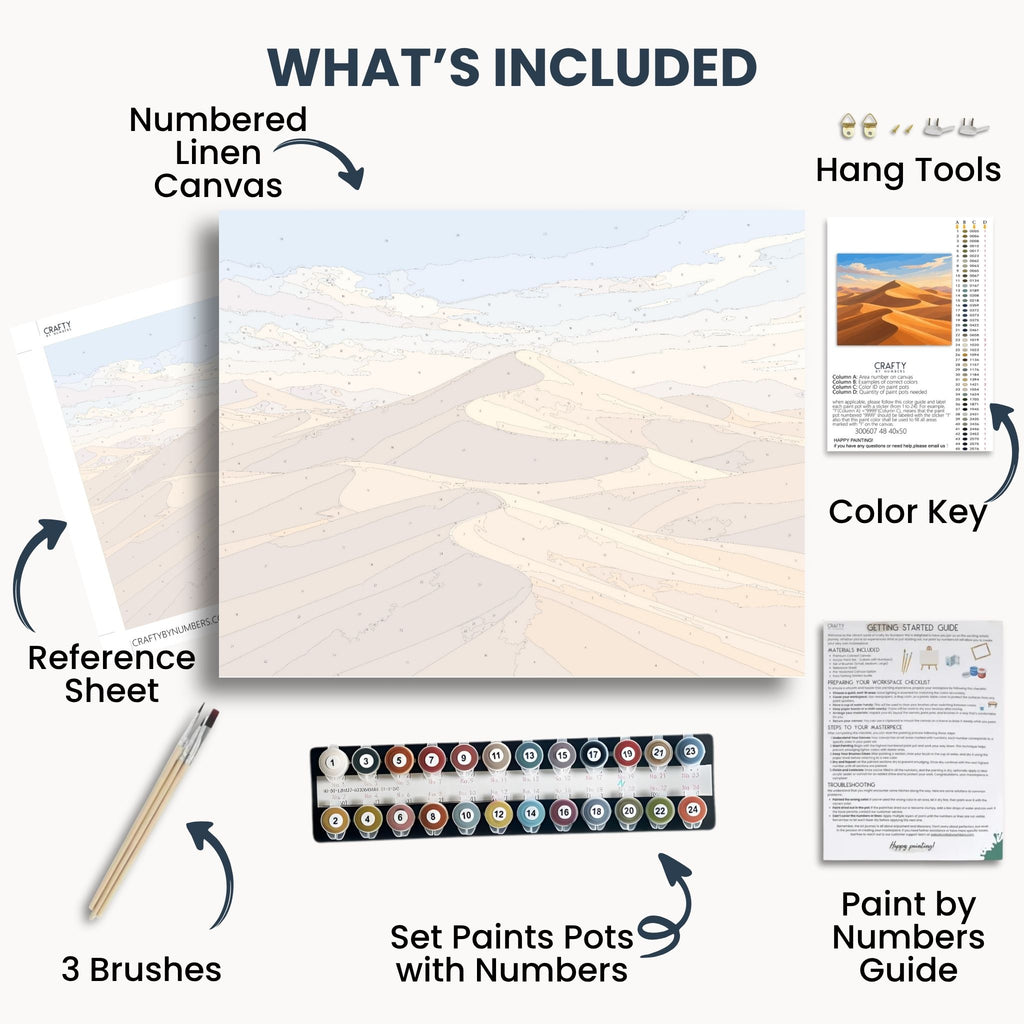 Inhalt des Desert Sand Dunes-Kits mit nummerierter Leinwand, Farben, Pinseln und Anleitung