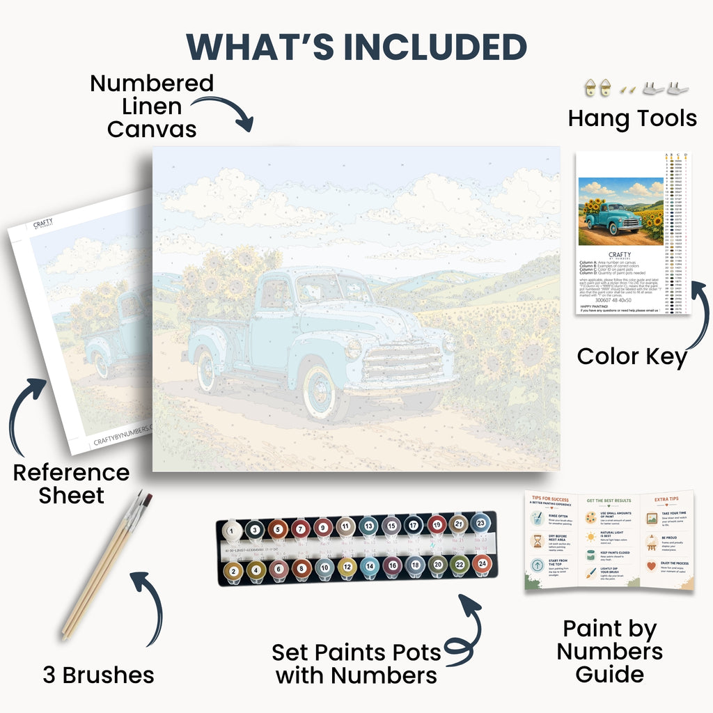 Contenido del kit Girasol Road Trip con lienzo numerado, pinturas, pinceles y guía.