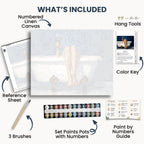 Sip of Sin kit contents: numbered canvas, paints, three brushes, reference sheet, color key, painting guide and hanging hardware.