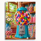 Vintage Gumball Machine: a turquoise gumball machine surrounded by colorful candy jars in a sunny shop.