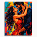 Wild Chemistry: a woman in a red dress embracing a bearded man against bright blue and orange brushstrokes.