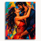Wild Chemistry: a woman in a red dress embracing a bearded man against bright blue and orange brushstrokes.