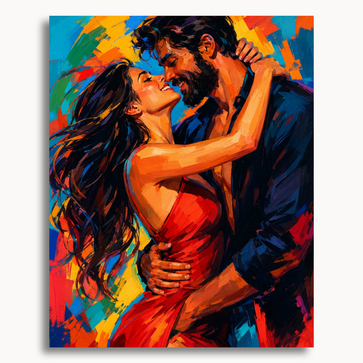 Wild Chemistry: a woman in a red dress embracing a bearded man against bright blue and orange brushstrokes.
