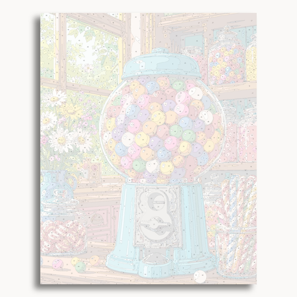 Numbered canvas preview for Vintage Gumball Machine, showing outlined painting sections and color numbers.