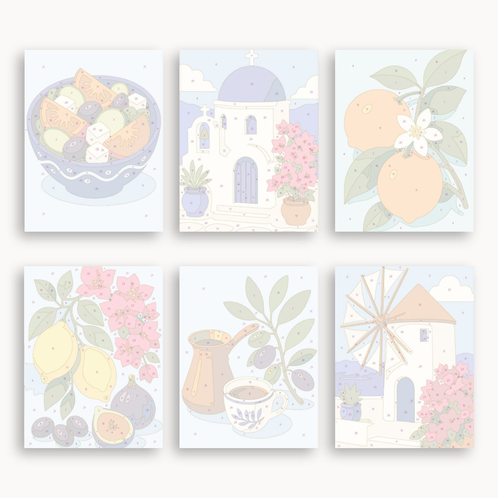 Numbered mini canvas previews for the Greek Island set