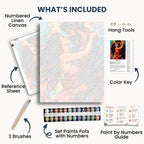 Wild Chemistry kit contents: numbered canvas, paints, three brushes, reference sheet, color key, painting guide and hanging hardware.
