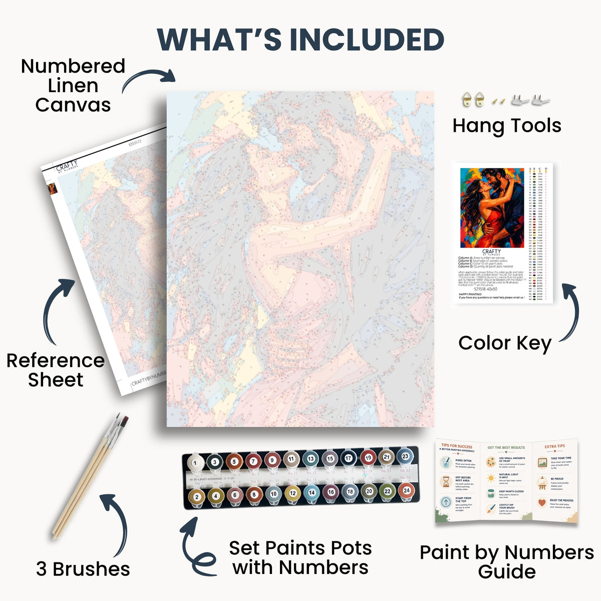 Wild Chemistry kit contents: numbered canvas, paints, three brushes, reference sheet, color key, painting guide and hanging hardware.