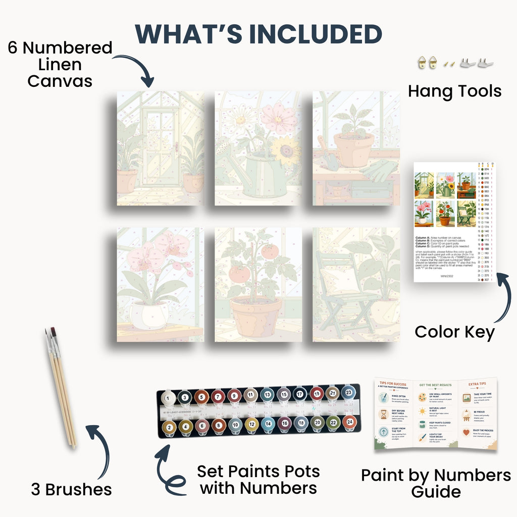 Greenhouse Garden mini kit contents with six canvases, paints, brushes and guide
