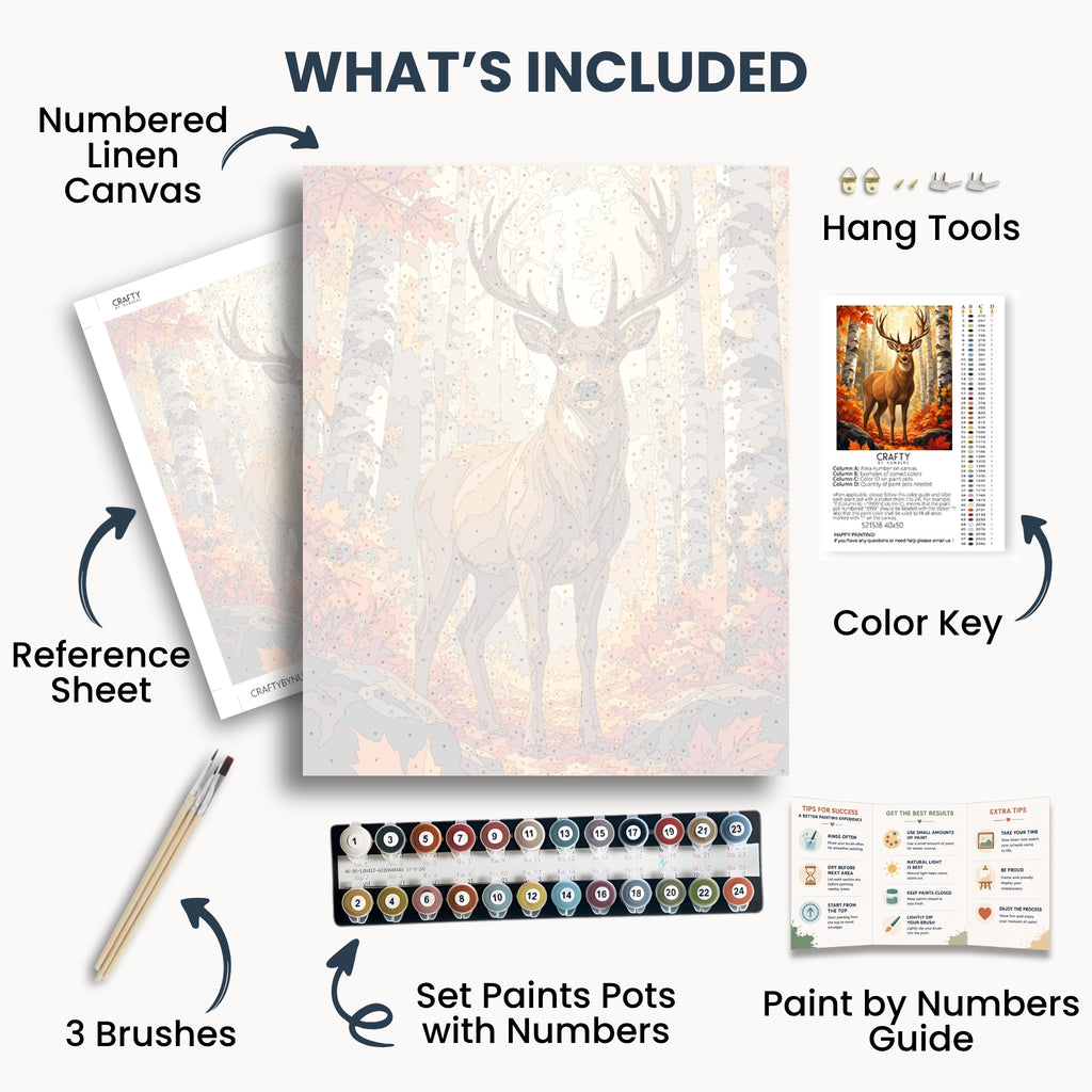 Autumn Stag kit contents with numbered canvas, paints, brushes and guide
