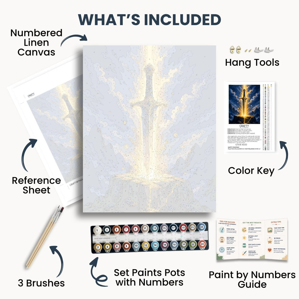 Sacred Sword kit contents with numbered canvas, paints, brushes and guide