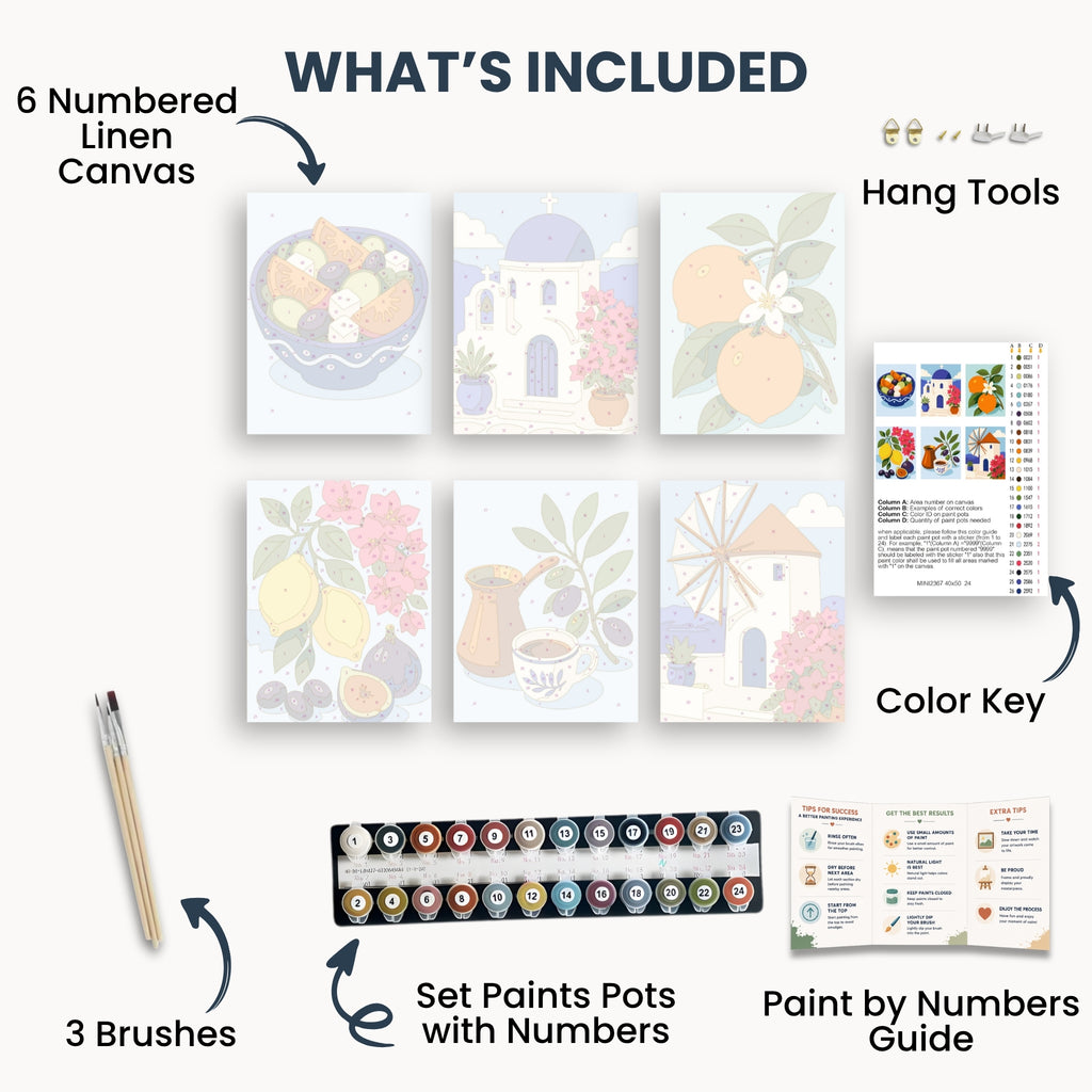 Greek Island mini kit contents with six canvases, paints, brushes and guide