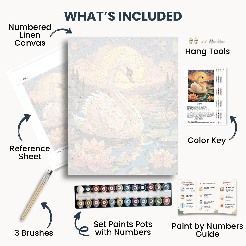 Moonlit Swan kit contents with numbered canvas, paints, brushes and guide