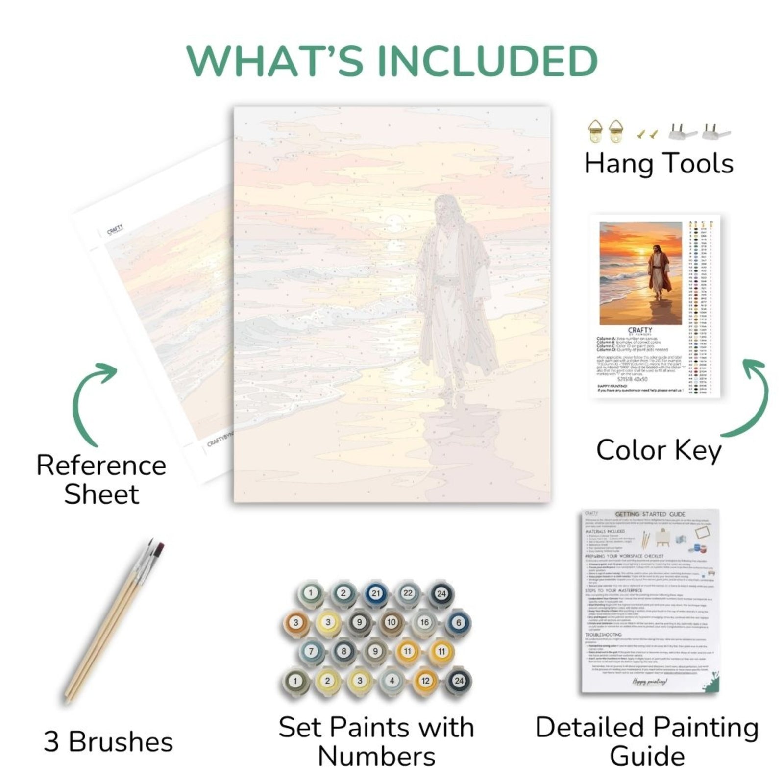 Golden Shore Walk paint by numbers kit contents with canvas, acrylic paints, brushes, color key and guide