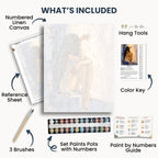 Afterglow kit contents: numbered canvas, paints, three brushes, reference sheet, color key, painting guide and hanging hardware.