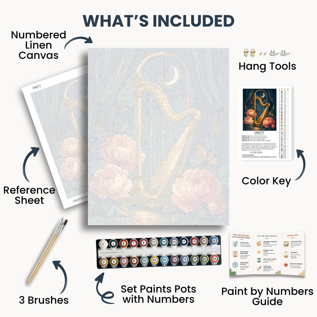 Moonlit Harp kit contents with numbered canvas, paints, brushes and guide