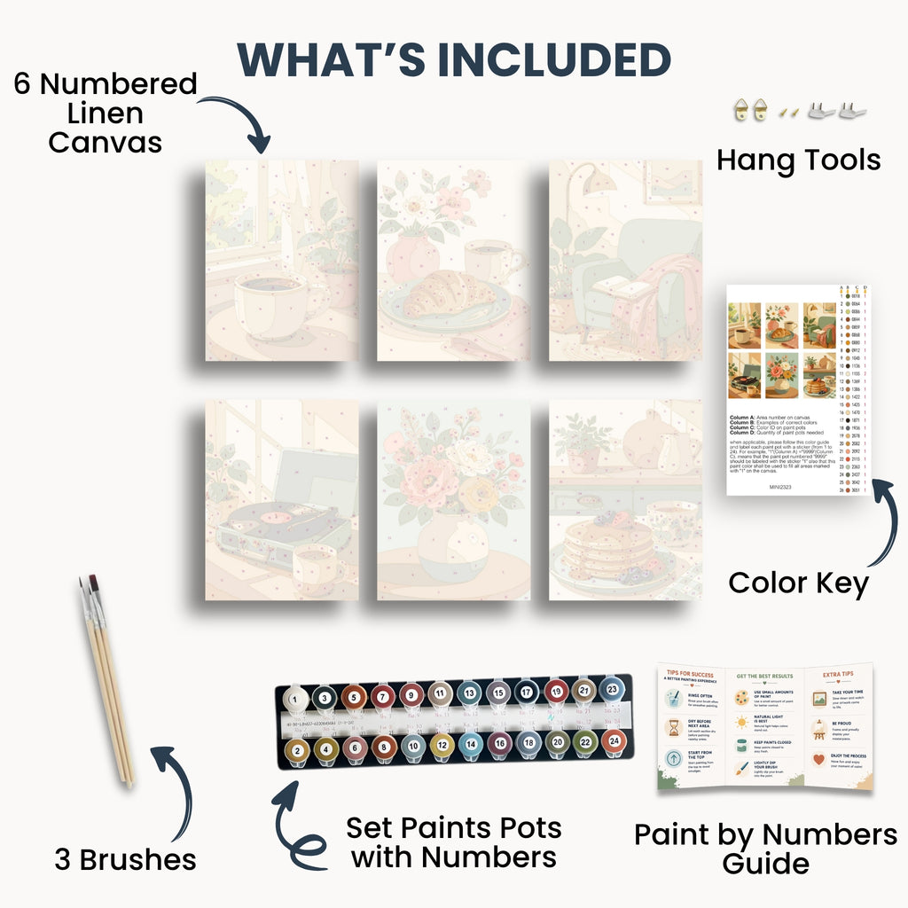 Contenido del mini kit Cosy Café con seis lienzos, pinturas, pinceles y guía.