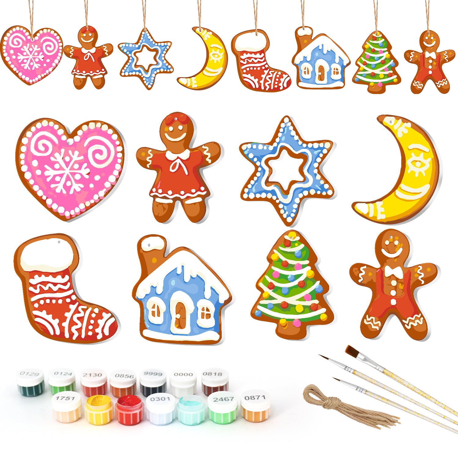 Set of Christmas-themed ceramic decorations with painting supplies on a white background