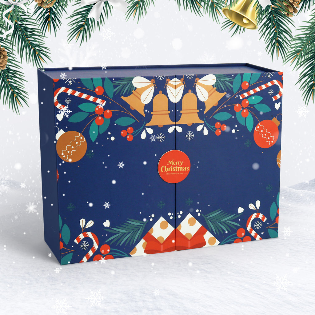 Decorative Christmas box with festive patterns on a snowy background