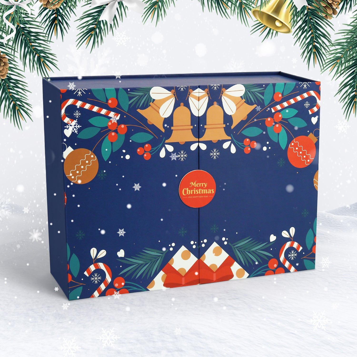 Decorative Christmas box with festive patterns on a snowy background