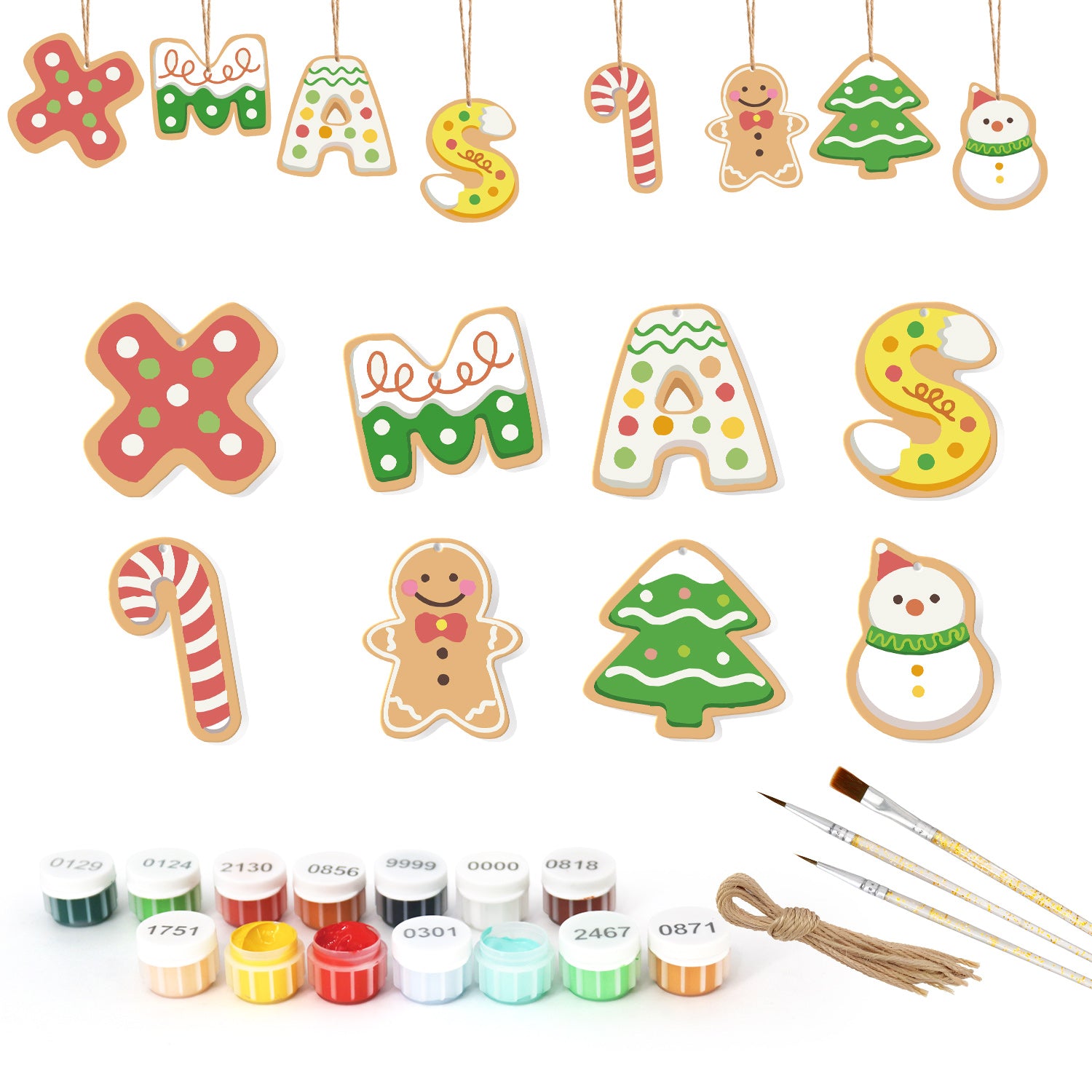Galletas decorativas con temática navideña con botellas de pintura y pinceles sobre un fondo blanco.