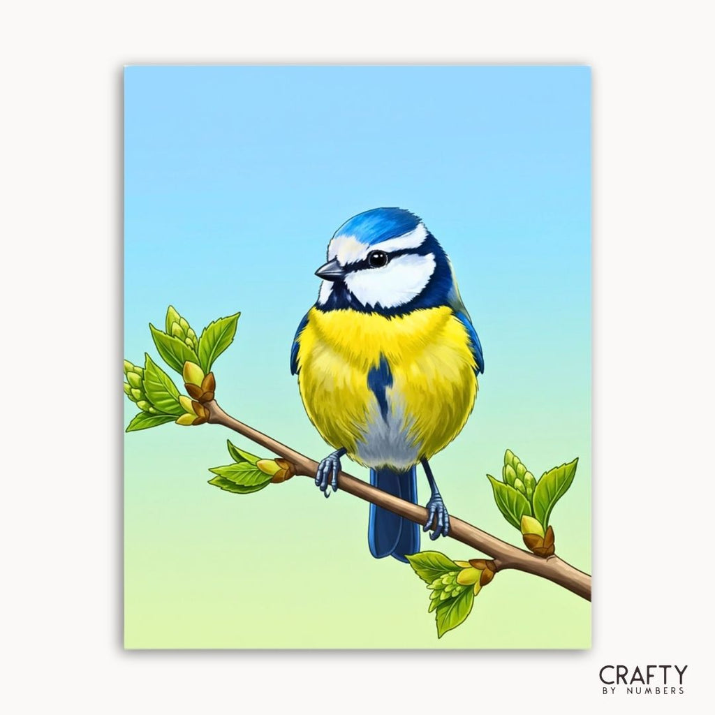 Bluebird Spring Glow artwork with a blue and yellow bird perched on a leafy branch