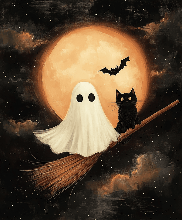 A paint by numbers kit depicting a ghost and a black cat on a broomstick against a moonlit sky.