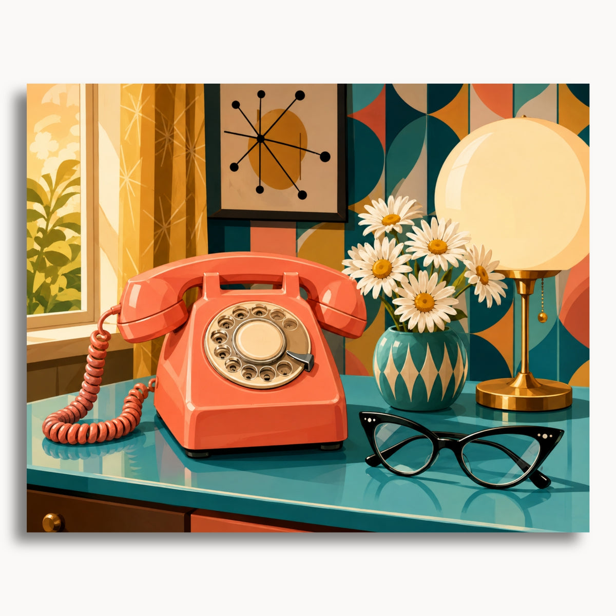Retro Telephone Still Life: a coral rotary telephone, daisies, glasses and a round lamp on a turquoise table.