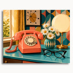 Retro Telephone Still Life: a coral rotary telephone, daisies, glasses and a round lamp on a turquoise table.