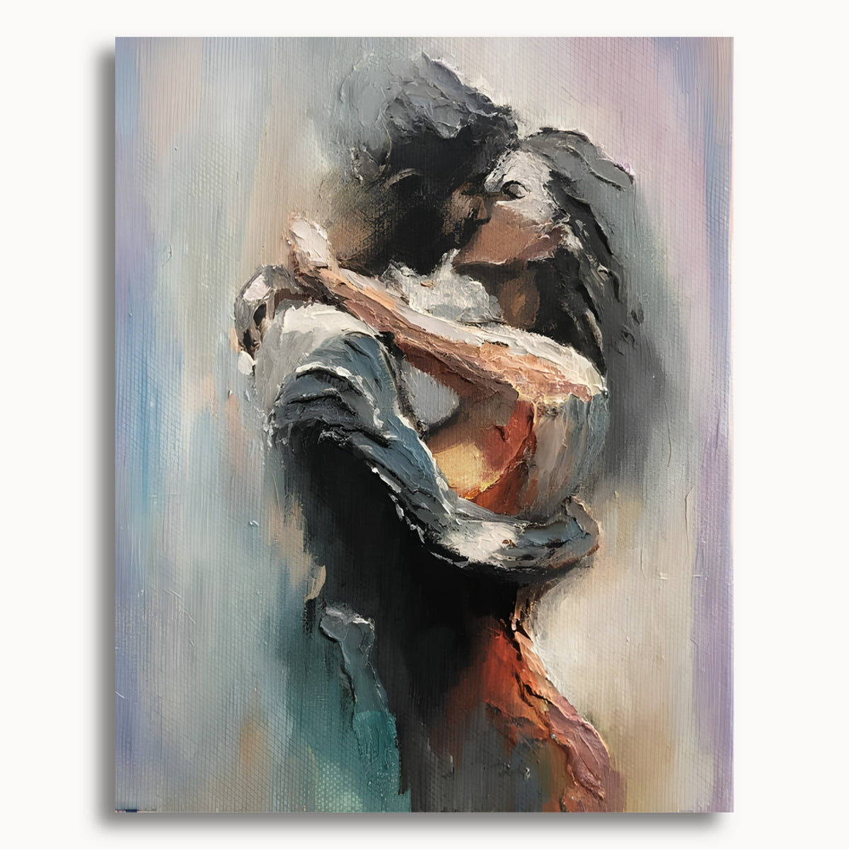 Wrapped in You: a couple embracing and kissing in loose gray, cream and muted pink brushstrokes.