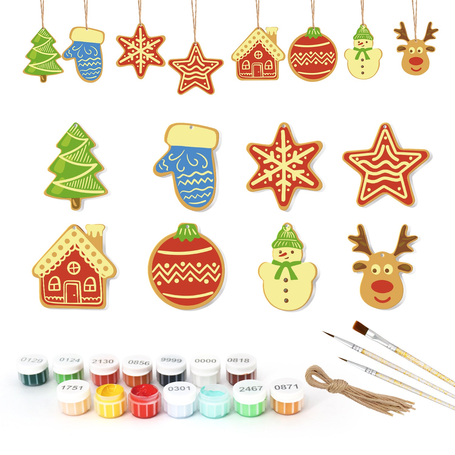 Set weihnachtlicher Keramikdekorationen mit Farbflaschen und Pinseln auf weißem Hintergrund