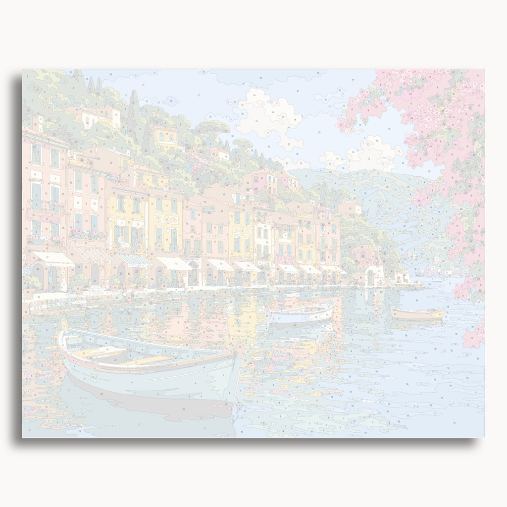 Vista previa de lienzo numerado para el kit de pintura por números Portofino Harbour Morning