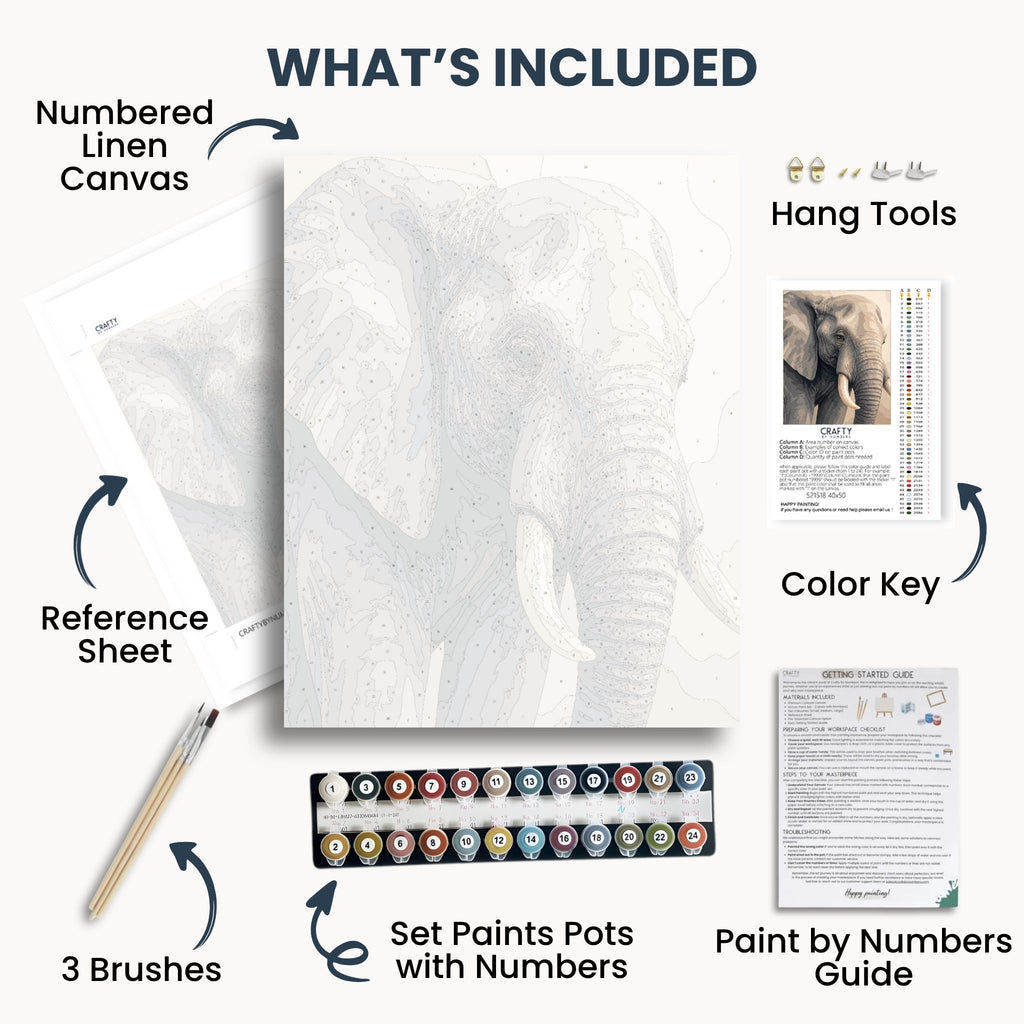 Elephant Portrait kit contents with numbered canvas, paints, brushes and guide