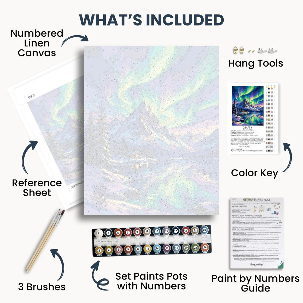 Aurora Peaks kit contents with numbered canvas, paints, brushes and guide