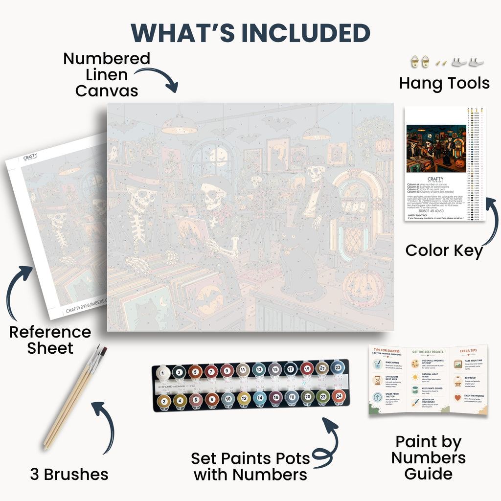 Haunted Record Store kit contents with numbered canvas, paints, brushes and guide