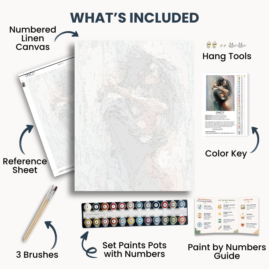 Wrapped in You kit contents: numbered canvas, paints, three brushes, reference sheet, color key, painting guide and hanging hardware.