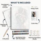 Wrapped in You kit contents: numbered canvas, paints, three brushes, reference sheet, color key, painting guide and hanging hardware.