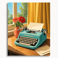 Máquina de escribir vintage: una máquina de escribir turquesa con papel y sobres junto a flores rojas y cortinas doradas.