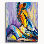 Color of Sin: a seated female nude rendered in vivid yellow, blue, red and violet brushstrokes.