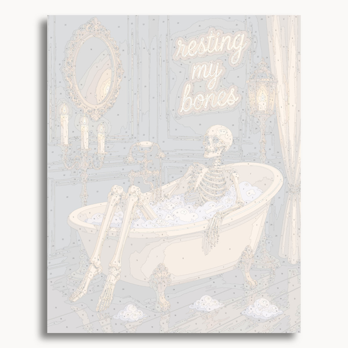 Numbered canvas preview for the Resting My Bones paint by numbers kit