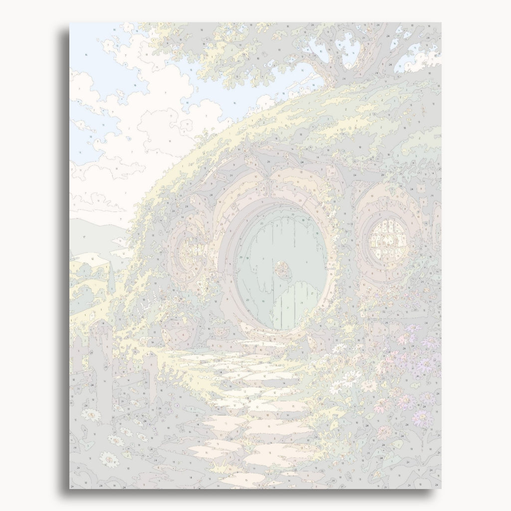 Numbered canvas preview for the Hobbit Cottage paint by numbers kit